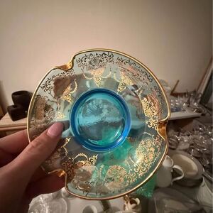 Vintage Aqua Blue Glass Ashtray w/ Gold Gilded Floral Design